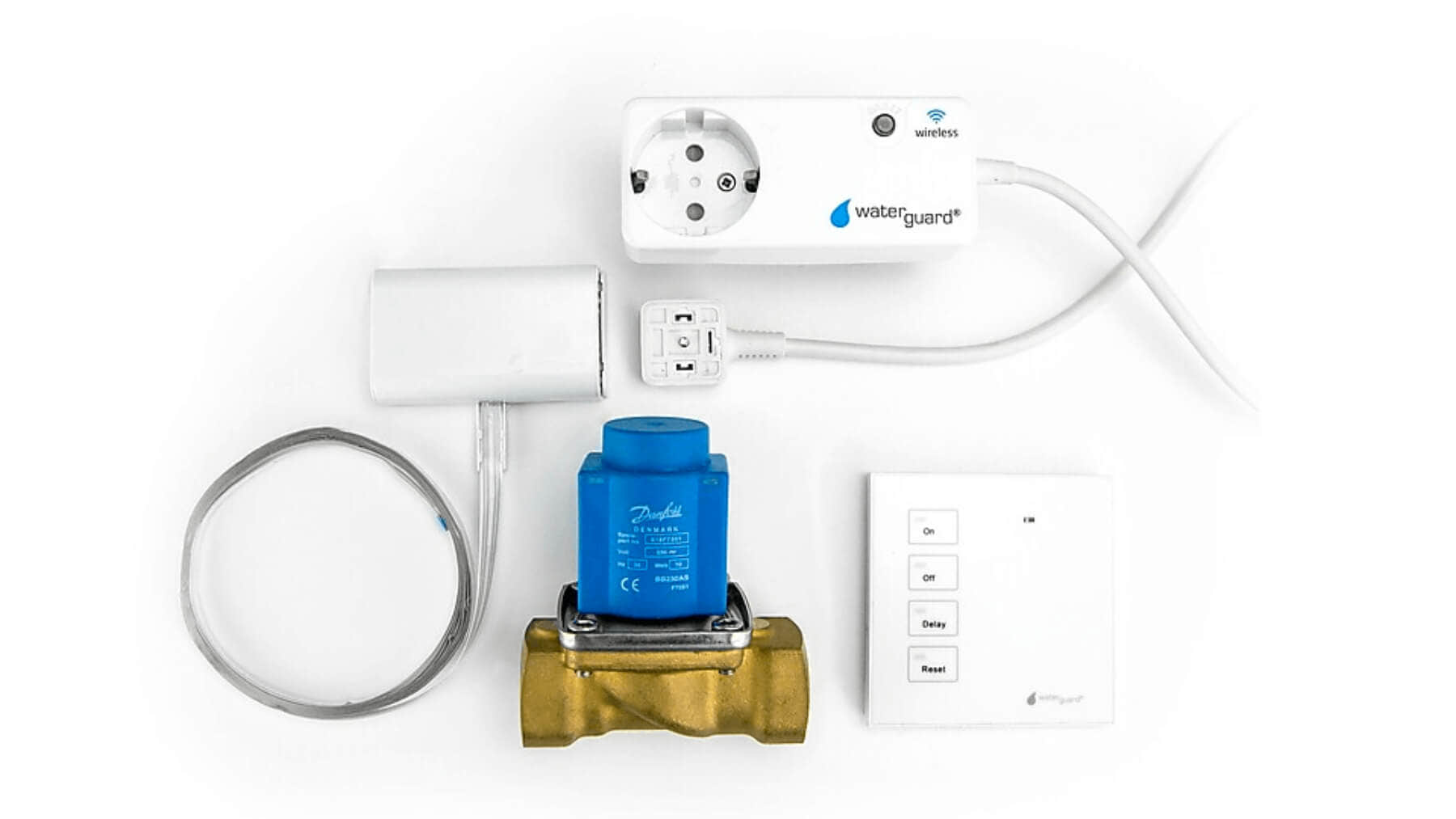 Waterguard Vannstopper med stoppeventil, styringspanel og sensor.