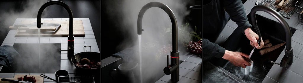Quooker Flex uttrekkbar kokende vannkran i svart matt. Bilde viser kranen med kokende vann aktivert.