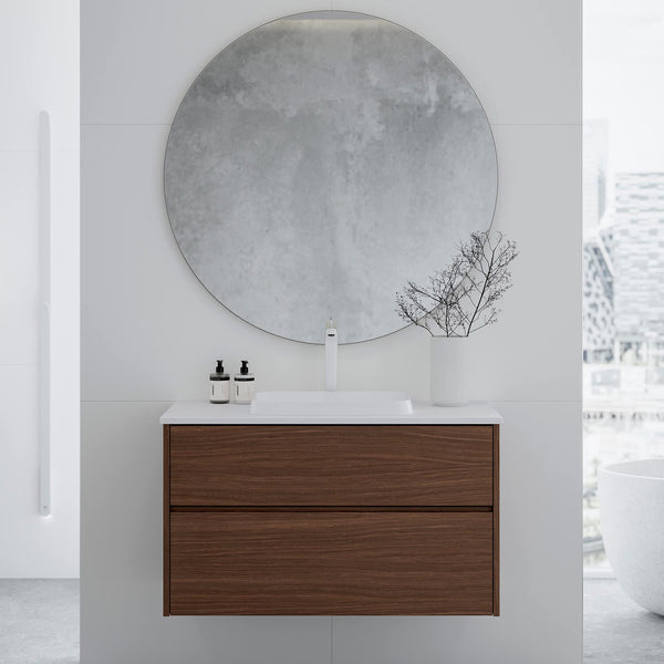 INR Grand Oslo Walnut Mørk Naturfarge med rundt LED speil