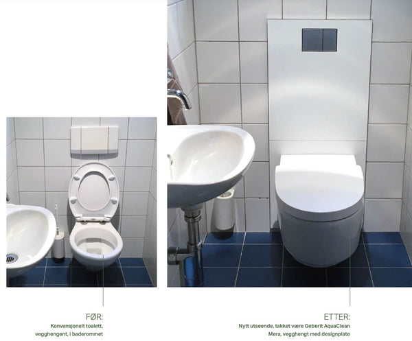Geberit AquaClean dusjtoalett med designplate for oppgradering av vegghengt toalett
