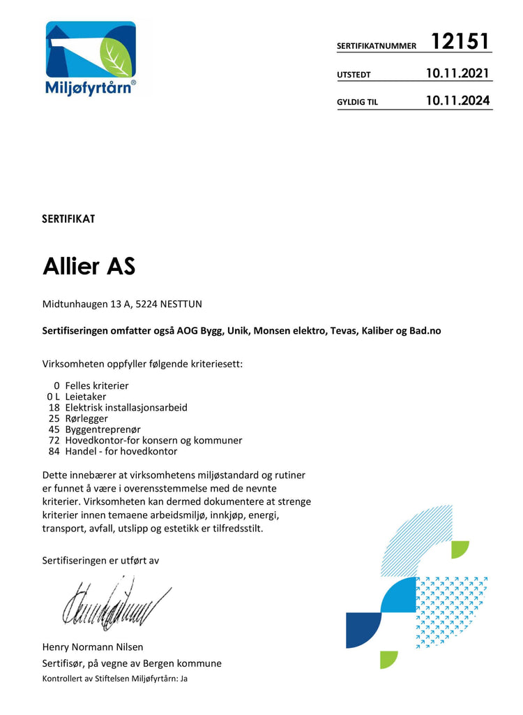 Sertifikat nr. 12151 Miljøfyrtårn Allier Gruppen inkl. Bad.no