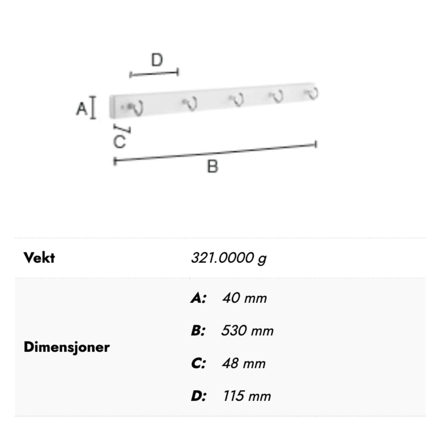 Beslagsboden 1015 Kroklist 5 Kroker Hvit/krom Beslagsboden Knagger hus SM-BX1015