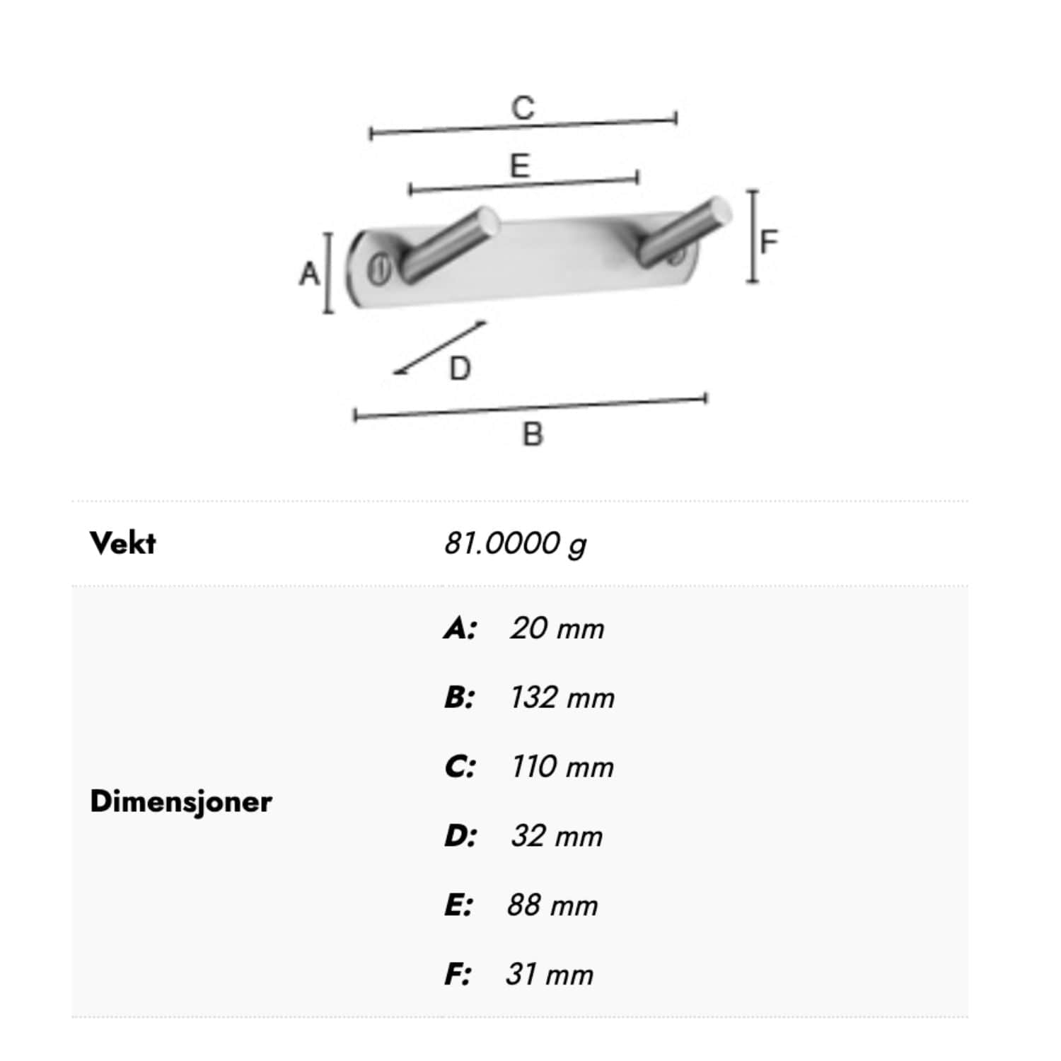 Beslagsboden 1062 Kroklist Dobbel Krok Rustfritt stål Beslagsboden Knagger hus SM-B1062