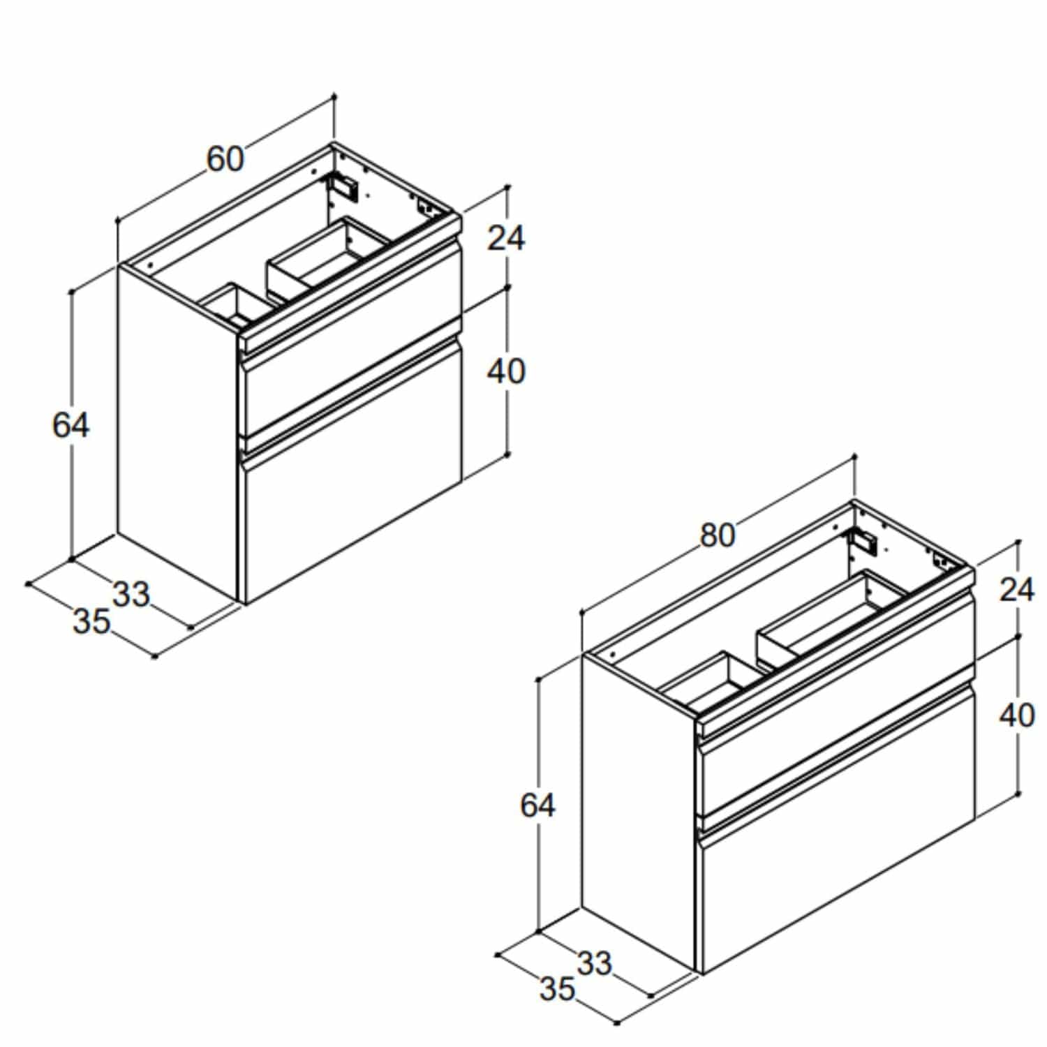 Dansani Inzo Servantskap 2sk B60-80xH64xD35cm, Slim - Integrert Dansani Servantskap
