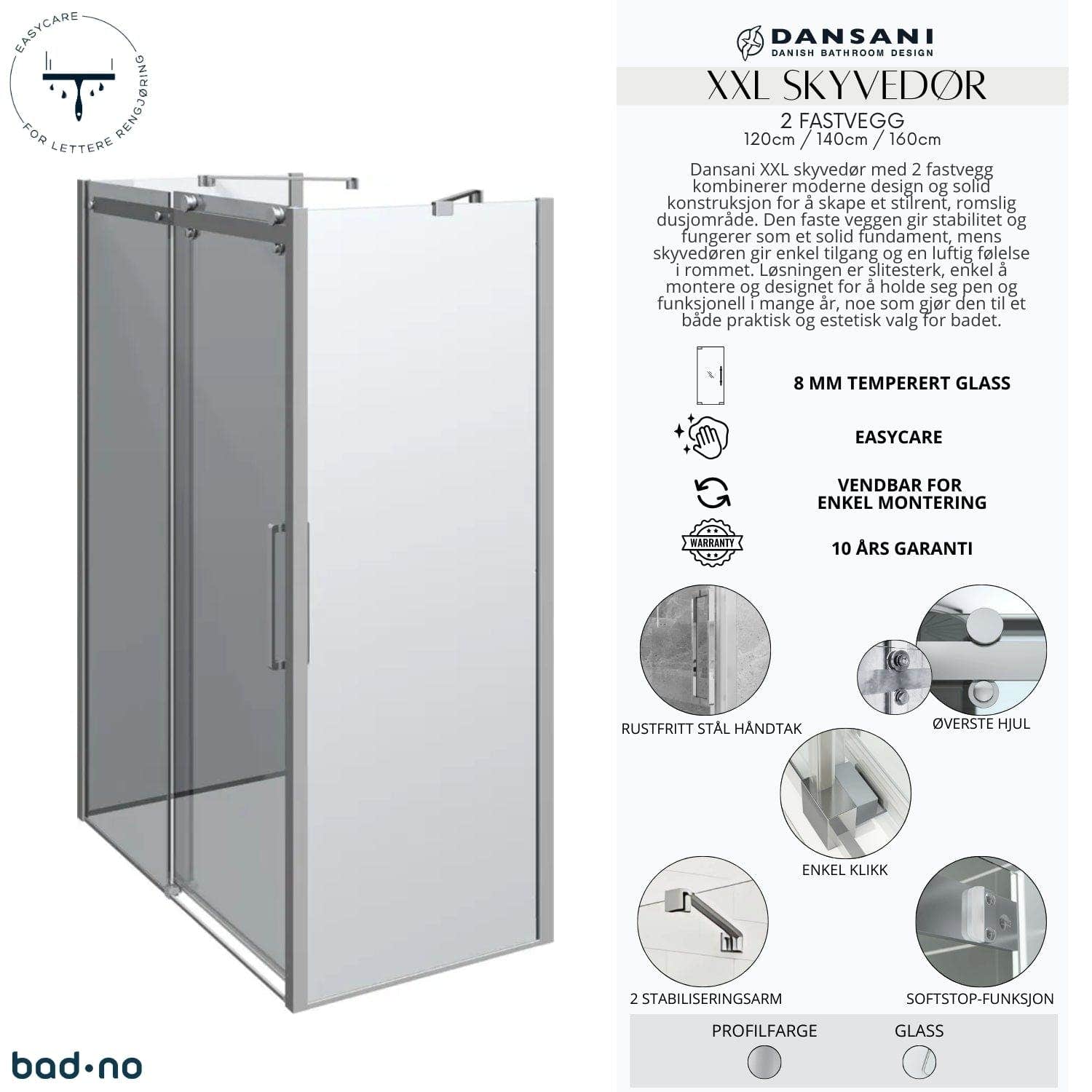 Dansani XXL Skyvedør med 2 sidepanel for rettvegg Dansani Dusjhjørne