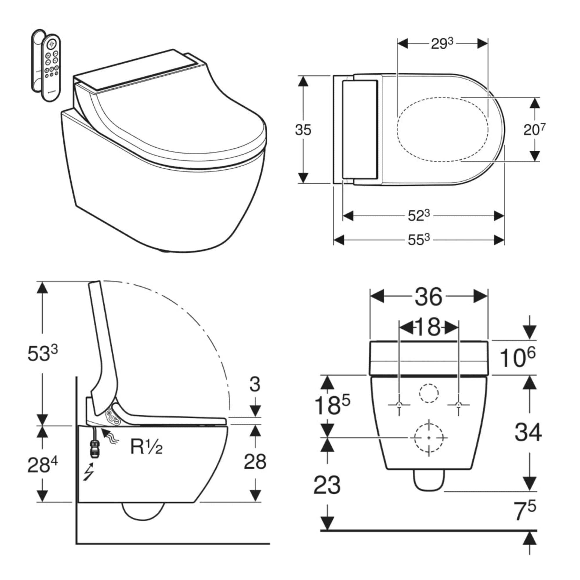 Geberit AquaClean Tuma Comfort Vegghengt toalett Geberit Dusjtoalett