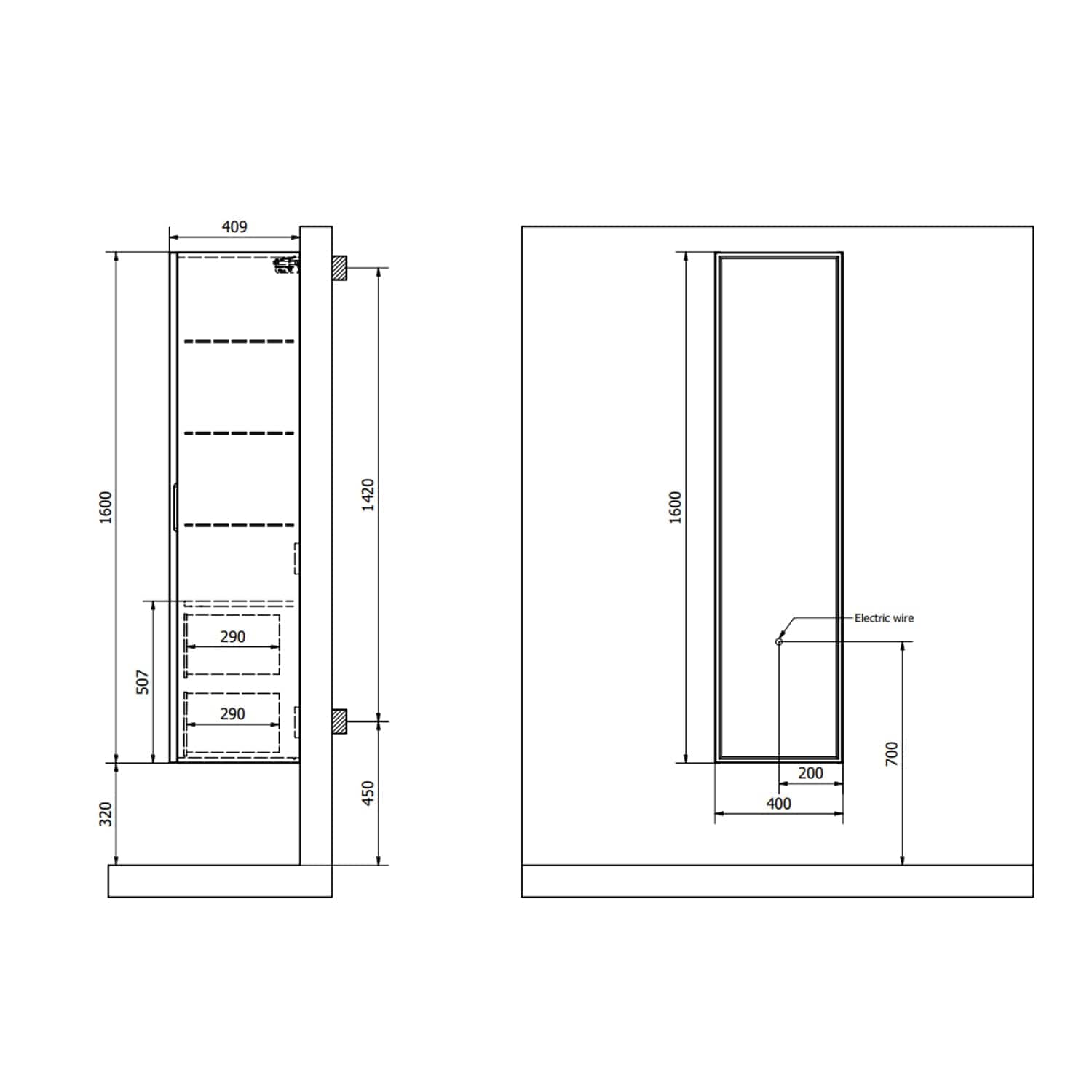 INR AIR Wood c 4 Hyller 2 skuffer B400xH1600xD400mm INR Iconic Nordic Rooms Høyskap bad