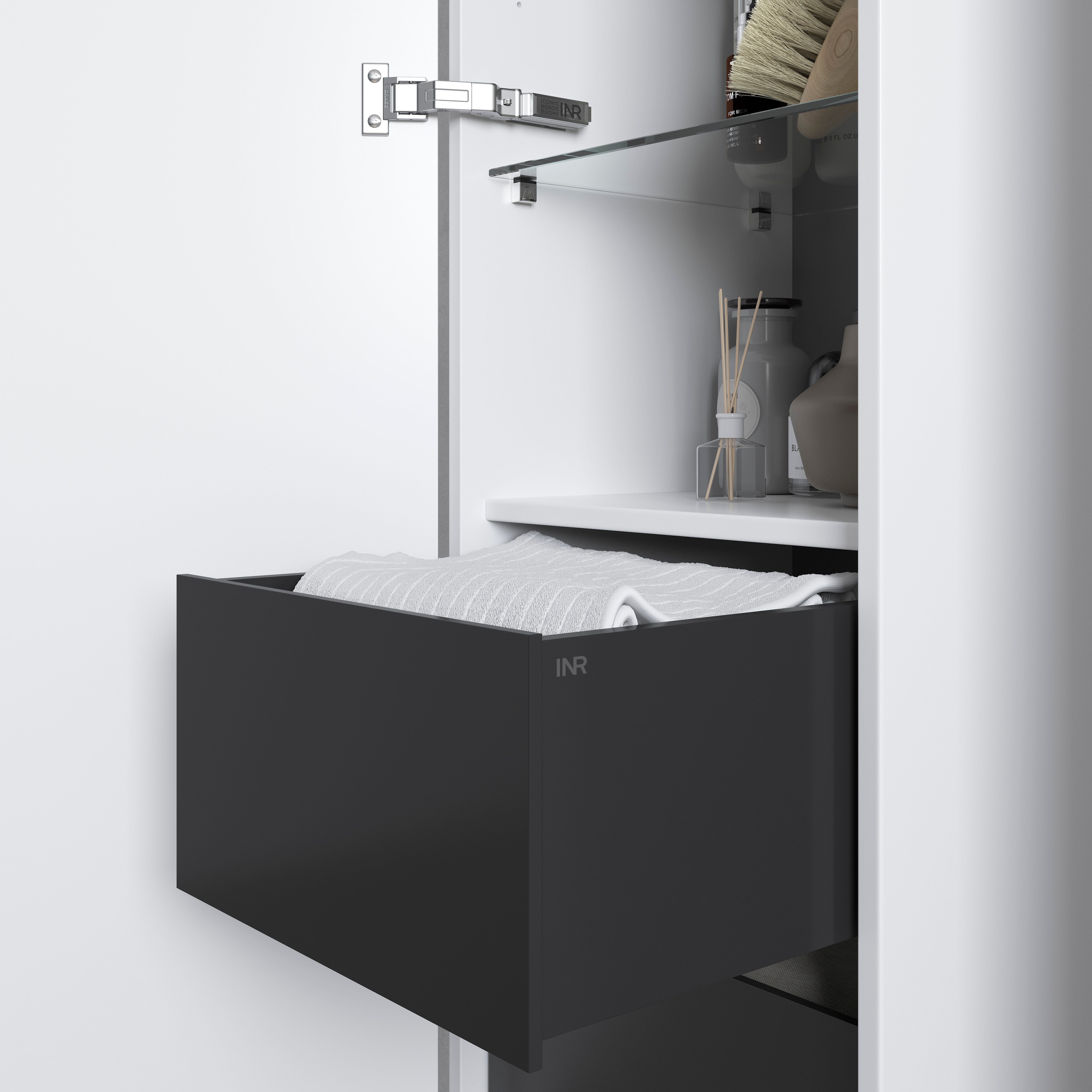 INR GRAND Solid Høyskap 4 Hyller 2 Skuffer, B400xH1600xD380mm INR Iconic Nordic Rooms Høyskap bad