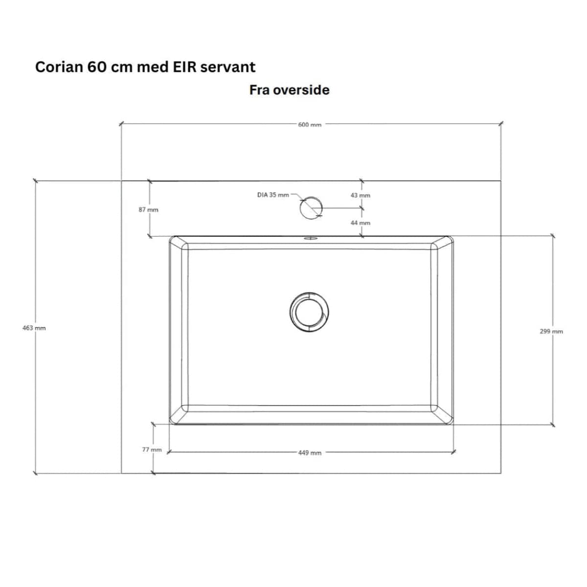 Linn Bad Corian topplate med Eir servant B(60-160)xH1,2xD46cm Linn Bad Møbelservant
