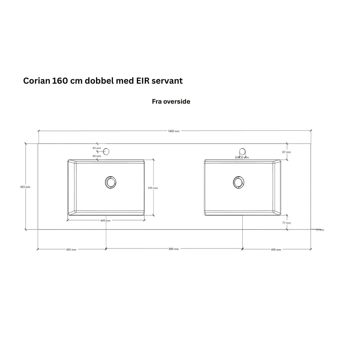 Linn Bad Corian topplate med Eir servant B(60-160)xH1,2xD46cm Linn Bad Møbelservant