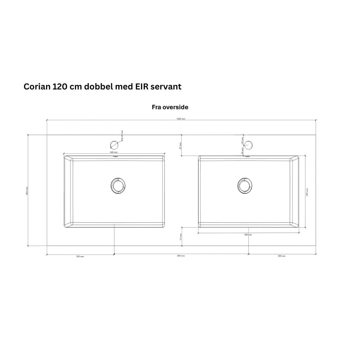 Linn Bad Corian topplate med Eir servant B(60-160)xH1,2xD46cm Linn Bad Møbelservant