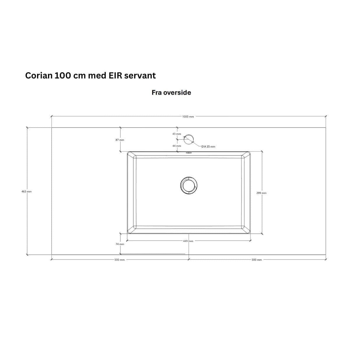 Linn Bad Corian topplate med Eir servant B(60-160)xH1,2xD46cm Linn Bad Møbelservant