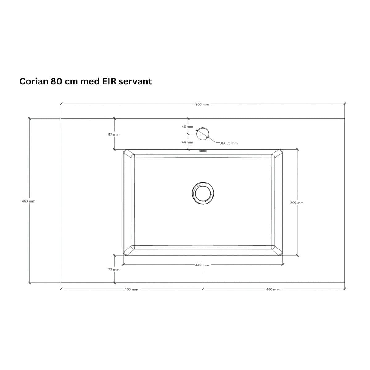 Linn Bad Corian topplate med Eir servant B(60-160)xH1,2xD46cm Linn Bad Møbelservant