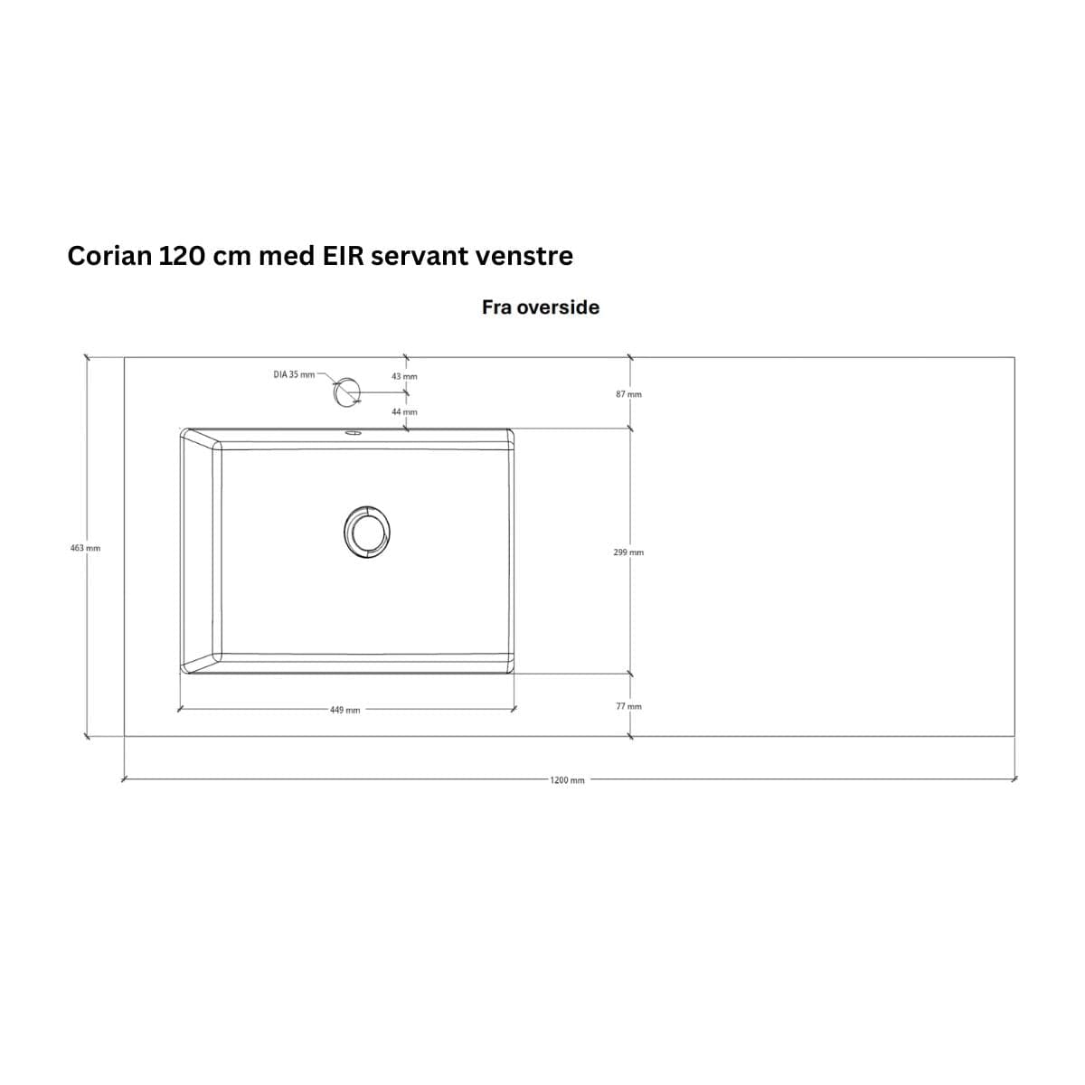 Linn Bad Corian topplate med Eir servant B(60-160)xH1,2xD46cm Linn Bad Møbelservant