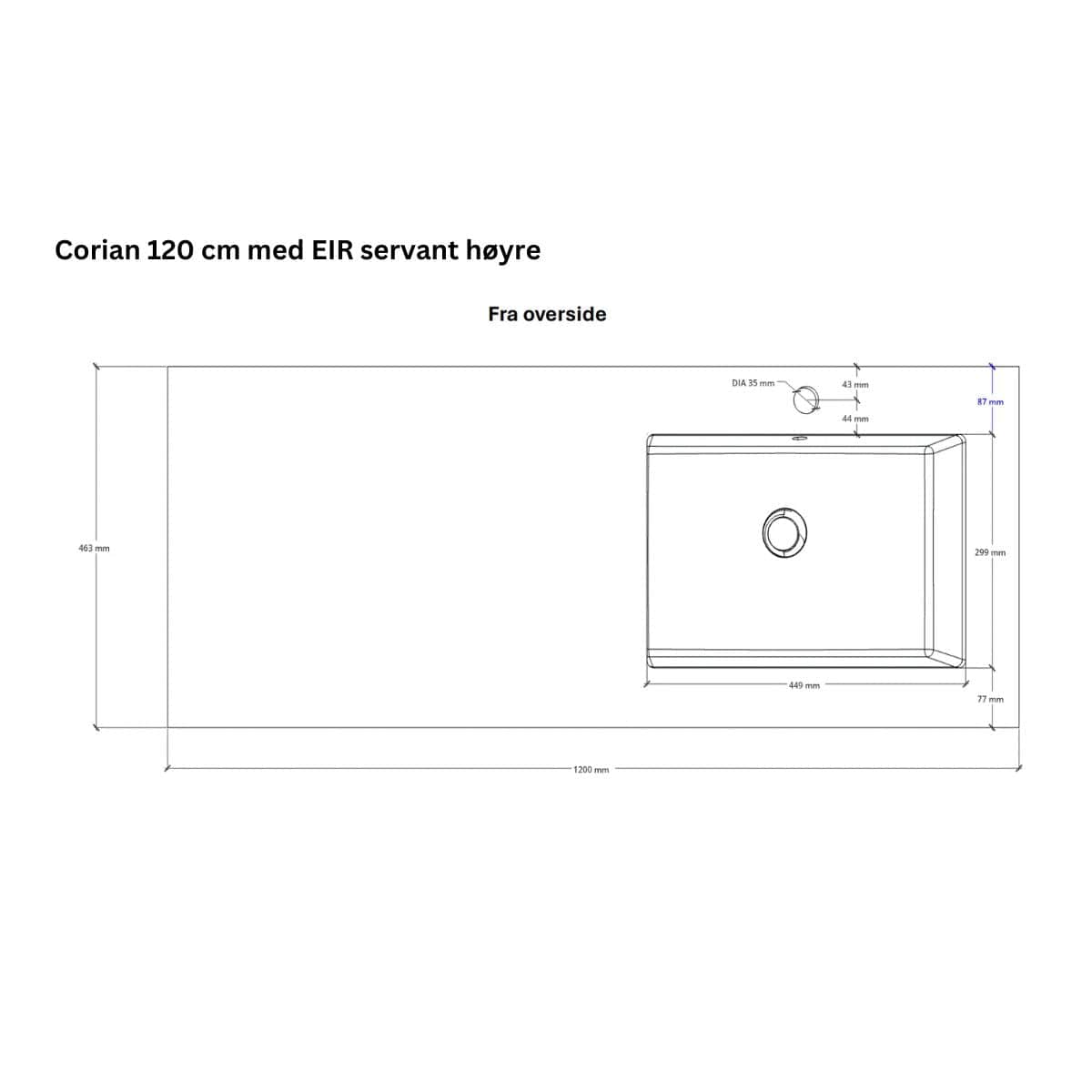 Linn Bad Corian topplate med Eir servant B(60-160)xH1,2xD46cm Linn Bad Møbelservant
