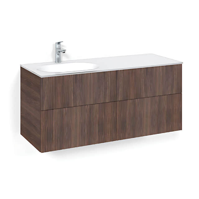 Macro Design CROWN Line Servantskap 4-skuff - med Venstre Glasservant 120cm Brun ask / Line / Glass Edge hvit Macro Design Møbelpakke bad BUN-FSK120BLVGVH