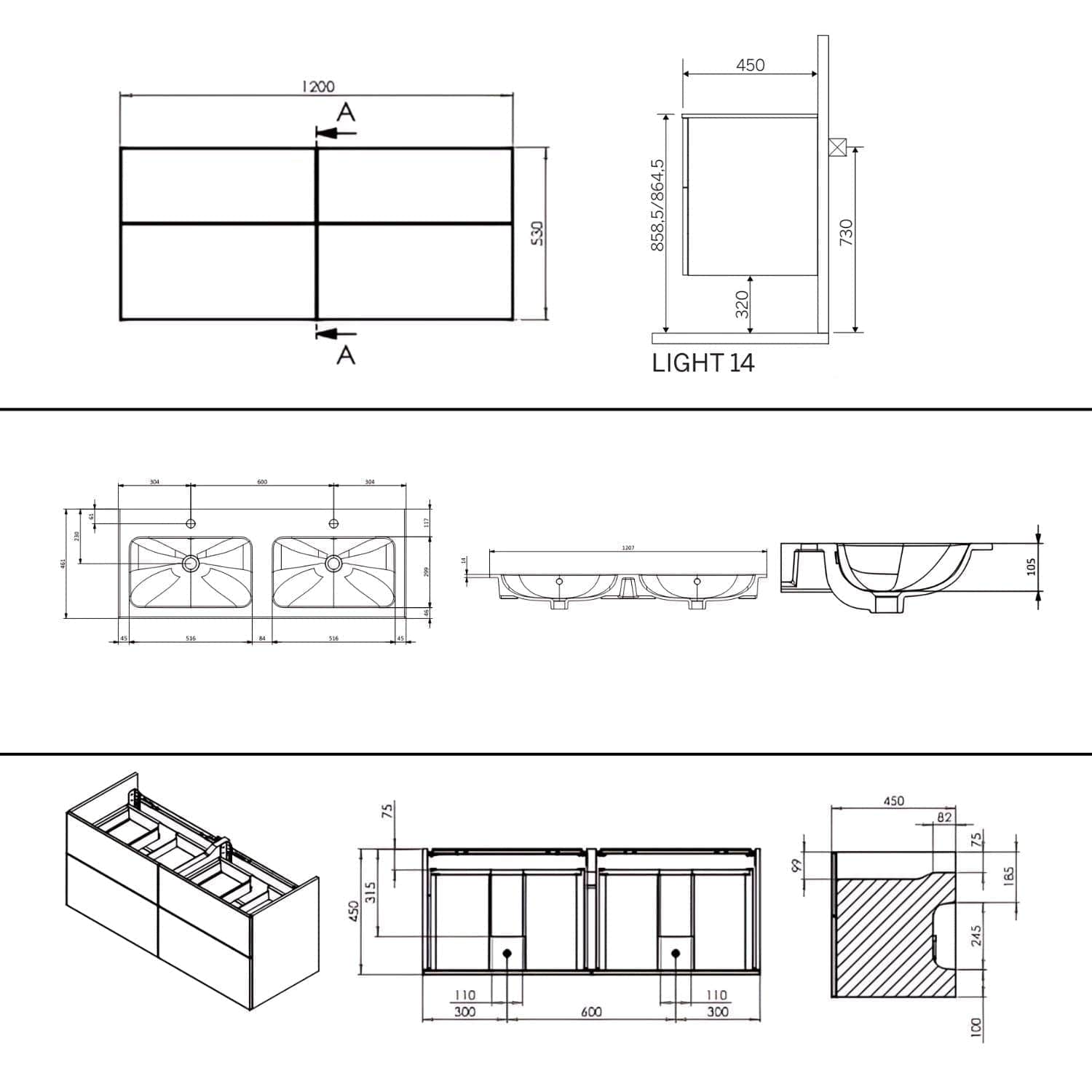 Macro Design CROWN Line Servantskap skuff - med LIGHT 14 servant 120cm dobbel Macro Design Møbelpakke bad
