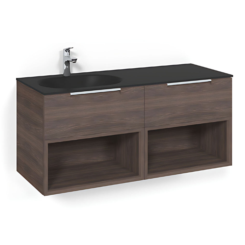 Macro Design CROWN Servantskap 4-skuff - med Venstre Glasservant 120cm Brun ask / Open-box / Glass Edge svart Macro Design Møbelpakke bad BUN-FSK120BOSGVH
