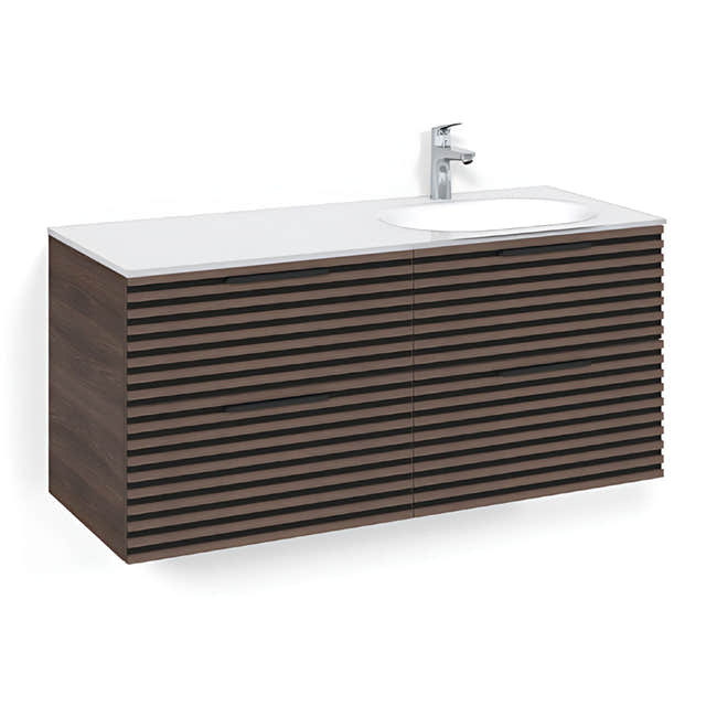 Macro Design CROWN Stripe Servantskap 4-skuff med Venstre Glasservant 120cm Brun ask / Glass Edge hvit / Høyre Macro Design Møbelpakke bad BUN-FSK120BZVGHH