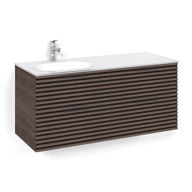 Macro Design CROWN Stripe Servantskap 4-skuff - med Venstre Glasservant 120cm Brun ask / Stripe / Glass Edge hvit Macro Design Møbelpakke bad BUN-FSK120BZVGVH