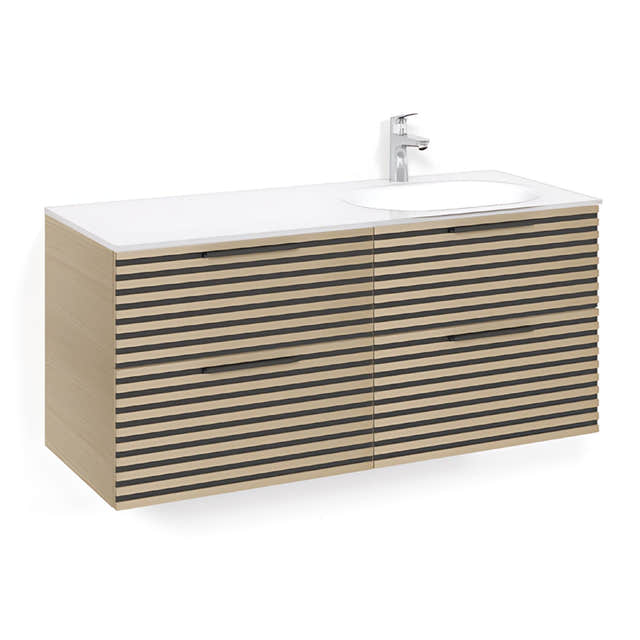 Macro Design CROWN Stripe Servantskap 4-skuff med Venstre Glasservant 120cm Eik / Glass Edge hvit / Høyre Macro Design Møbelpakke bad BUN-FSK120EZVGHH