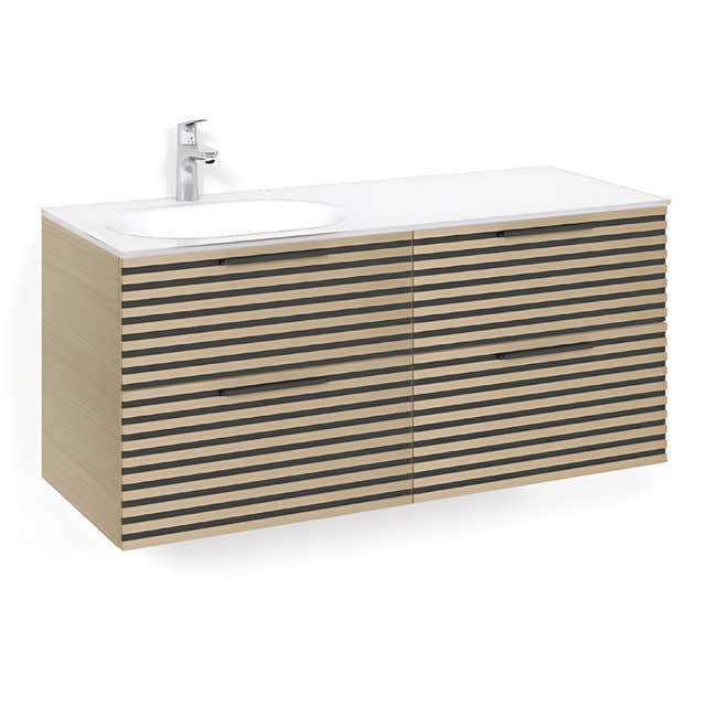 Macro Design CROWN Stripe Servantskap 4-skuff - med Venstre Glasservant 120cm Eik / Stripe / Glass Edge hvit Macro Design Møbelpakke bad BUN-FSK120EZVGVH