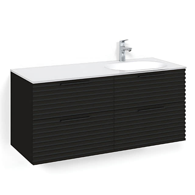 Macro Design CROWN Stripe Servantskap 4-skuff med Venstre Glasservant 120cm Svart eik / Glass Edge hvit / Høyre Macro Design Møbelpakke bad BUN-FSK120SZVGHH