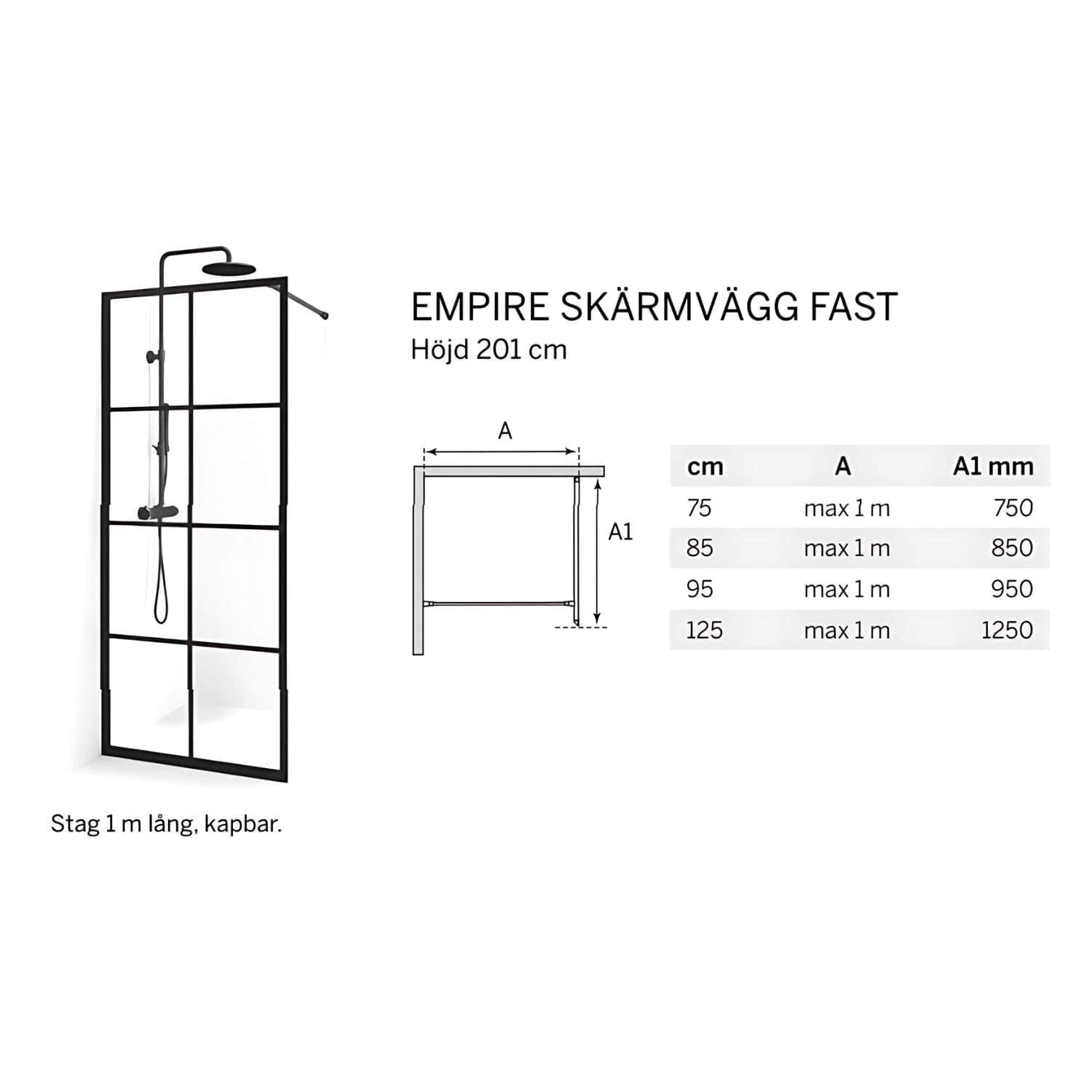 Macro Design Empire Dusj Skjermvegg Fast - med Hvit matt profil Macro Design Dusjvegg