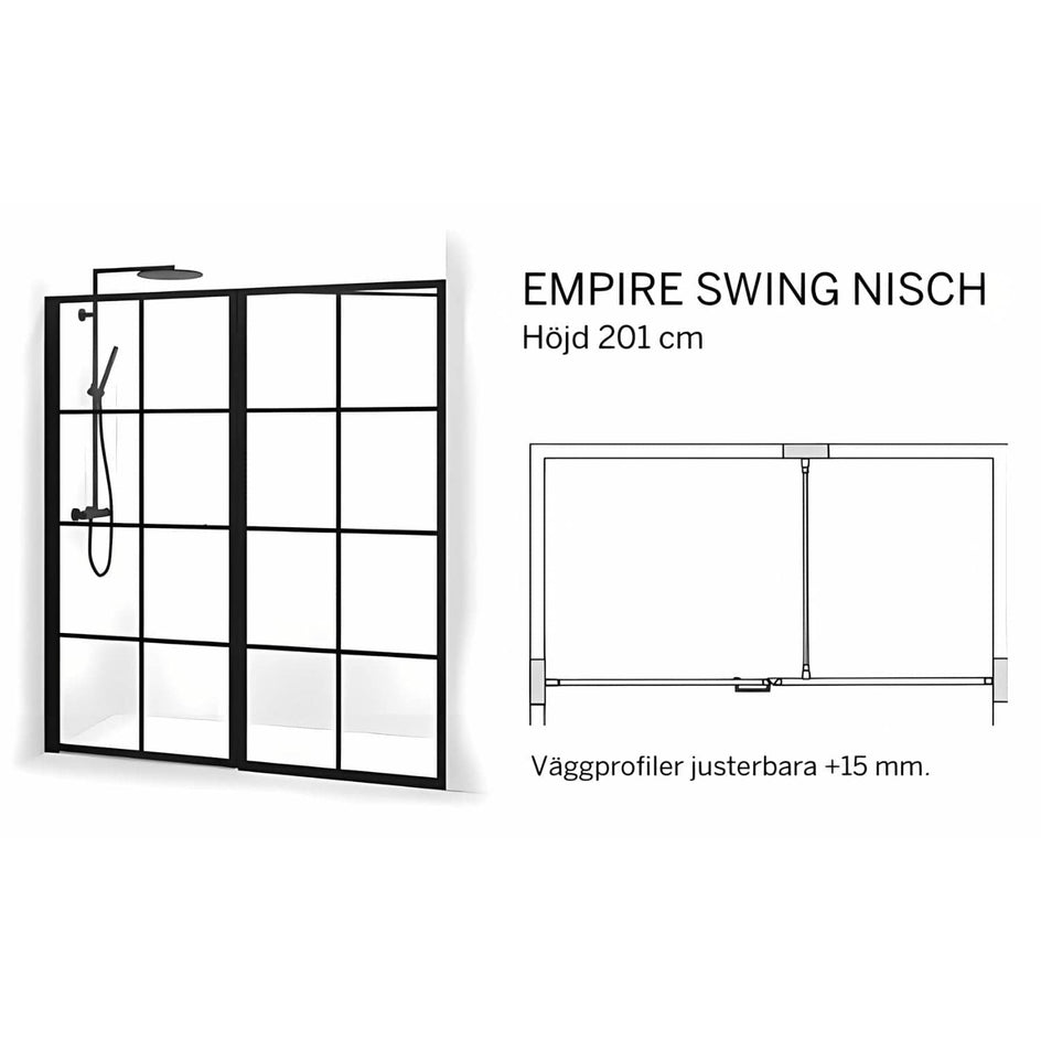 Macro Design Empire Nisjedusj Swing Briljant linjeglass - med Svart matt profil Macro Design Dusjnisje
