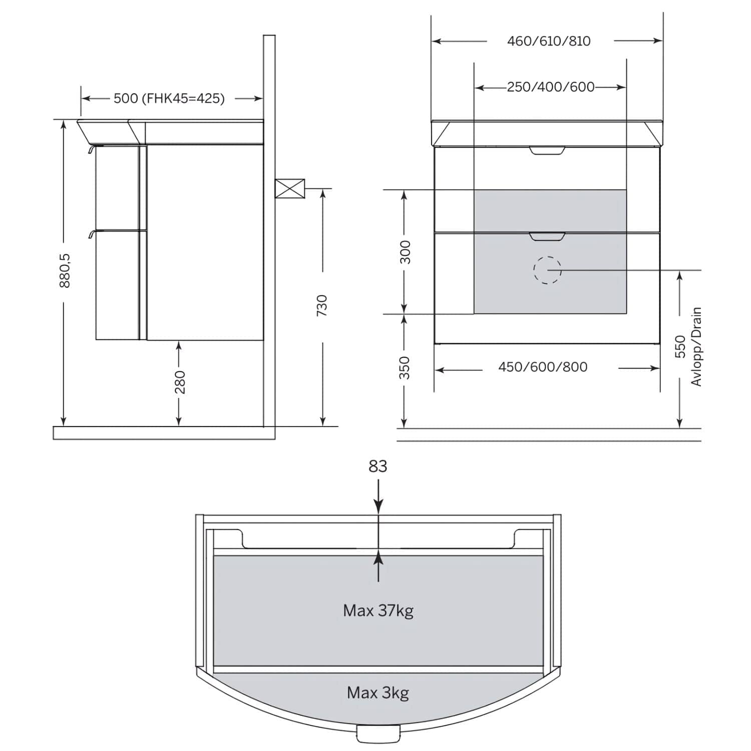 Macro Design HEART 2-skuff servantskap med 600/800 servant Macro Design Møbelpakke bad