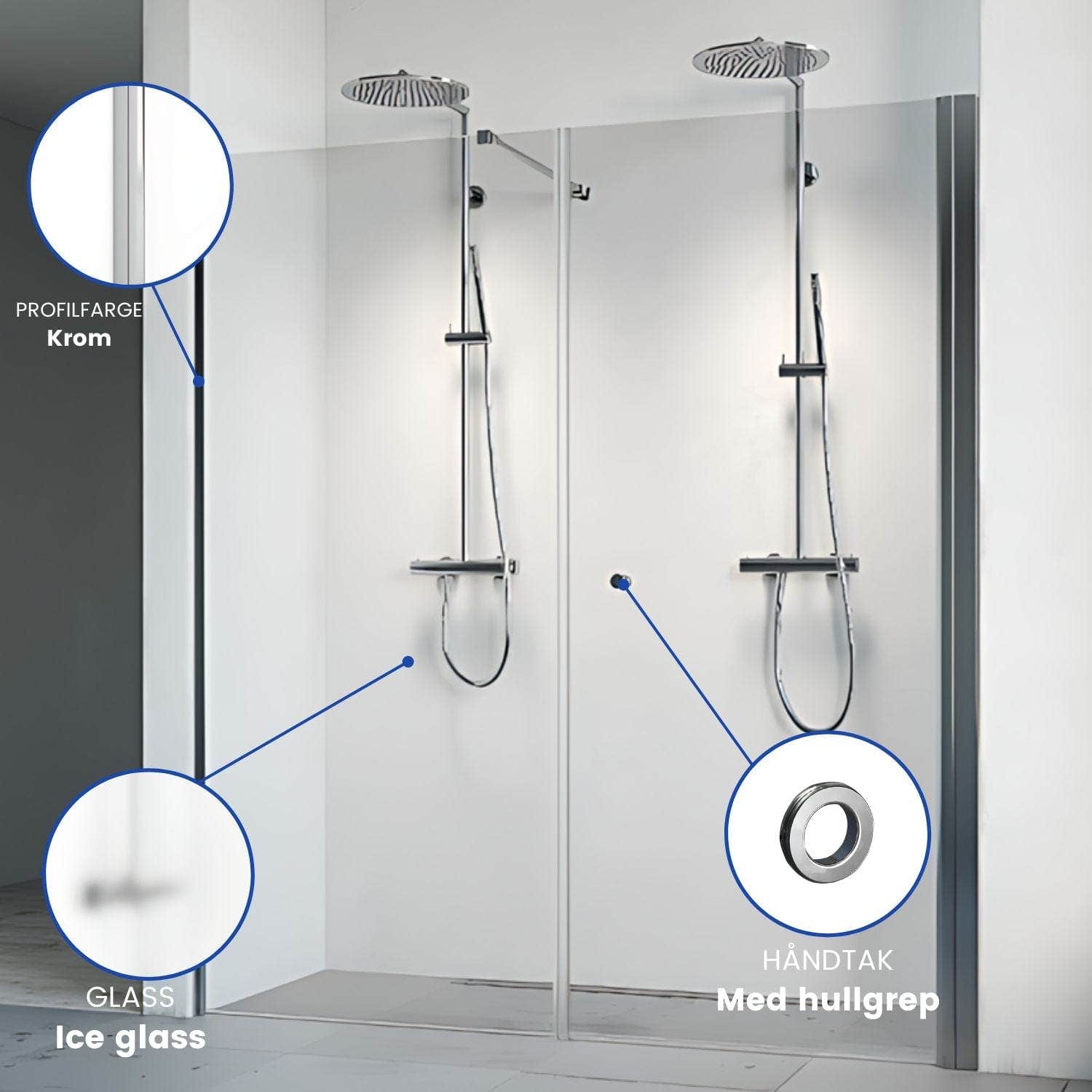 Macro Design SPIRIT Nisjedusj Swing Ice - med hullgrep Krom / 70x67cm / Ice glass Macro Design Dusjnisje BUN-DSSV767GGIC