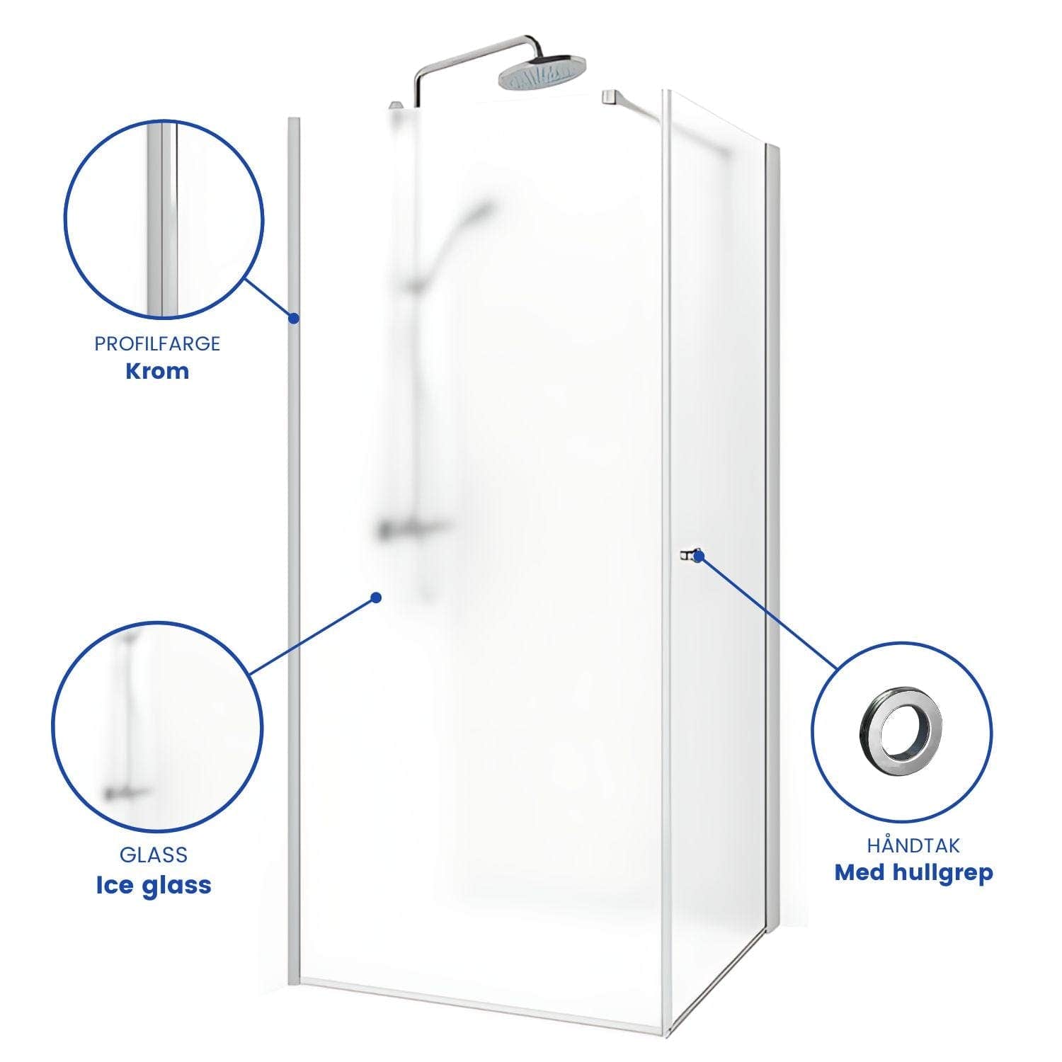 Macro Design SPIRIT Nisjedusj Swing Ice - med hullgrep Krom / 70x70cm / Ice glass Macro Design Dusjnisje BUN-DSSV77GGIC