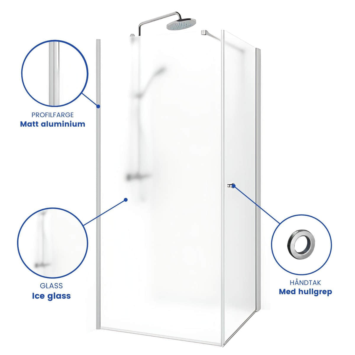 Macro Design SPIRIT Nisjedusj Swing Ice - med hullgrep Matt aluminium / 70x70cm / Ice glass Macro Design Dusjnisje BUN-DSSV77NGIC