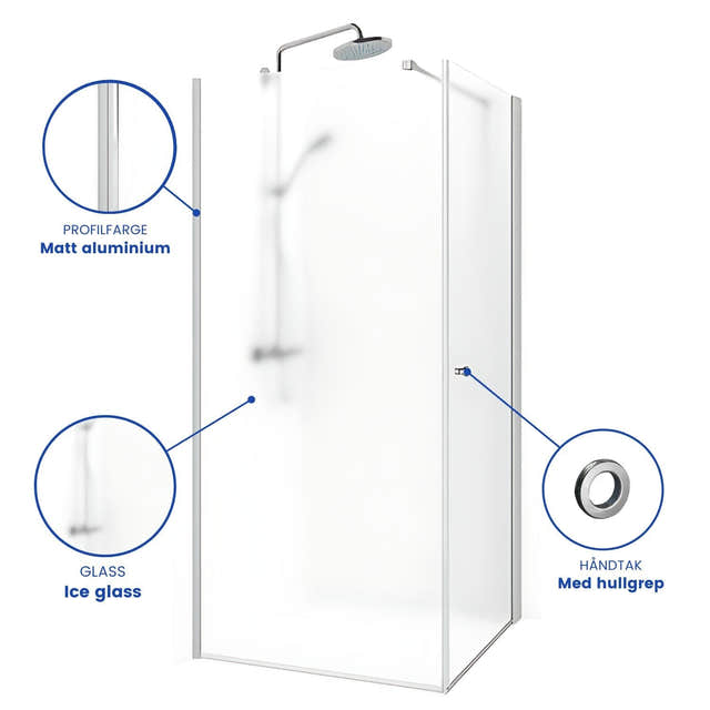 Macro Design SPIRIT Nisjedusj Swing Ice - med hullgrep Matt aluminium / 70x70cm / Ice glass Macro Design Dusjnisje BUN-DSSV77NGIC