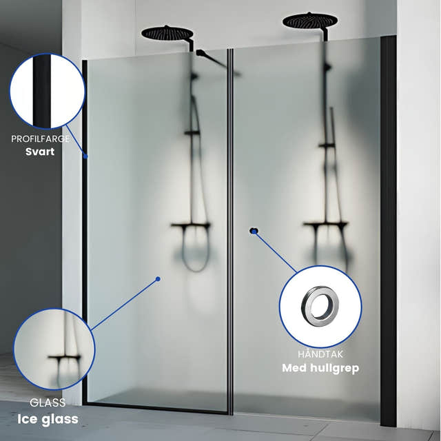 Macro Design SPIRIT Nisjedusj Swing Ice - med hullgrep Svart matt / 70x67cm / Ice glass Macro Design Dusjnisje BUN-DSSV767SGIC