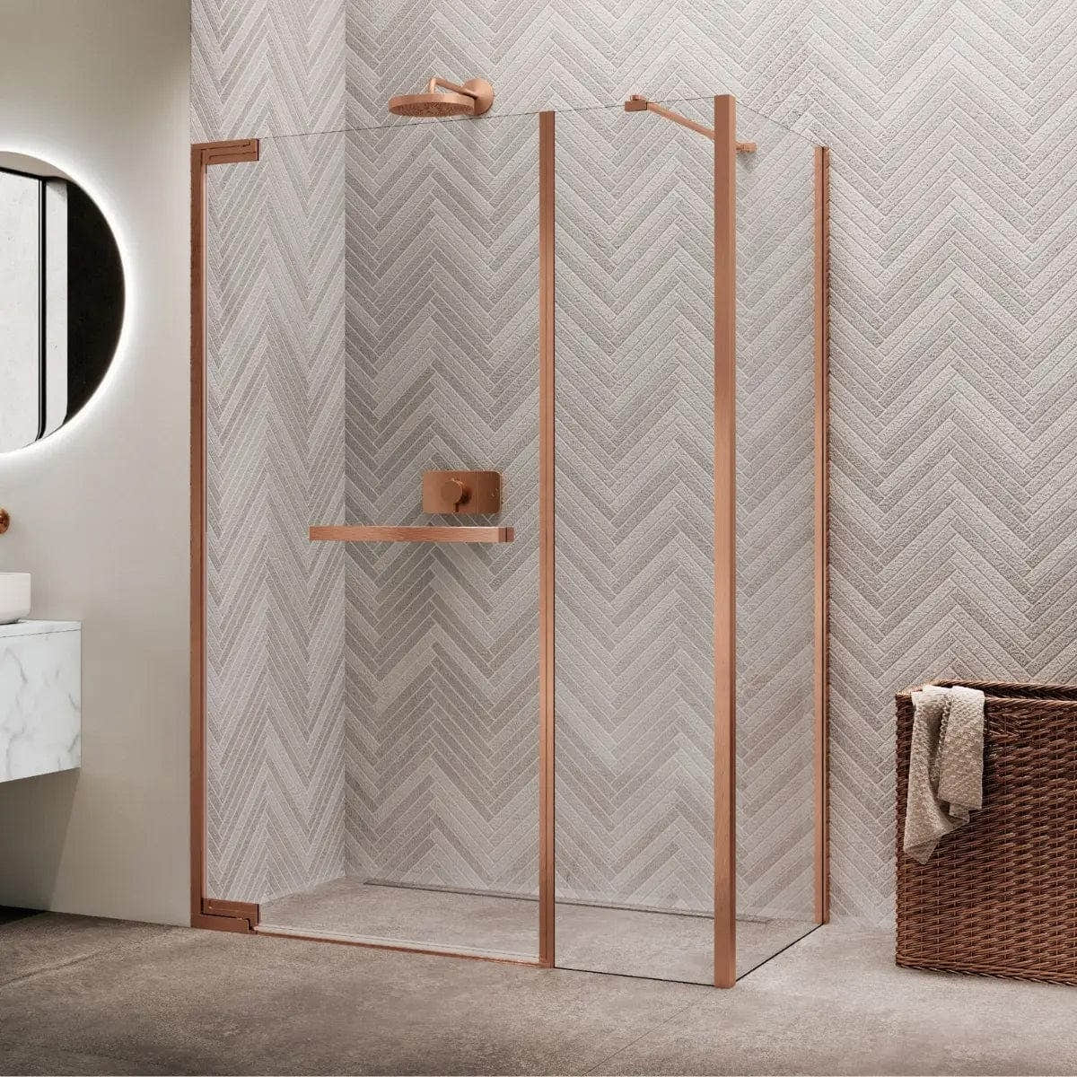 Novellini N180 GFL Slagdør Inlinea for hjørne Børstet kobber / 98cm / Klart glass Novellini Dusjvegg KO-N180GFL98-1R