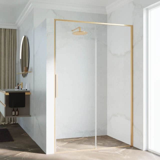 Novellini Riga 2P skyvedører Børstet messing / 96cm / Høyre hengslet Novellini Dusjdør KO-RIG2P96D-1P