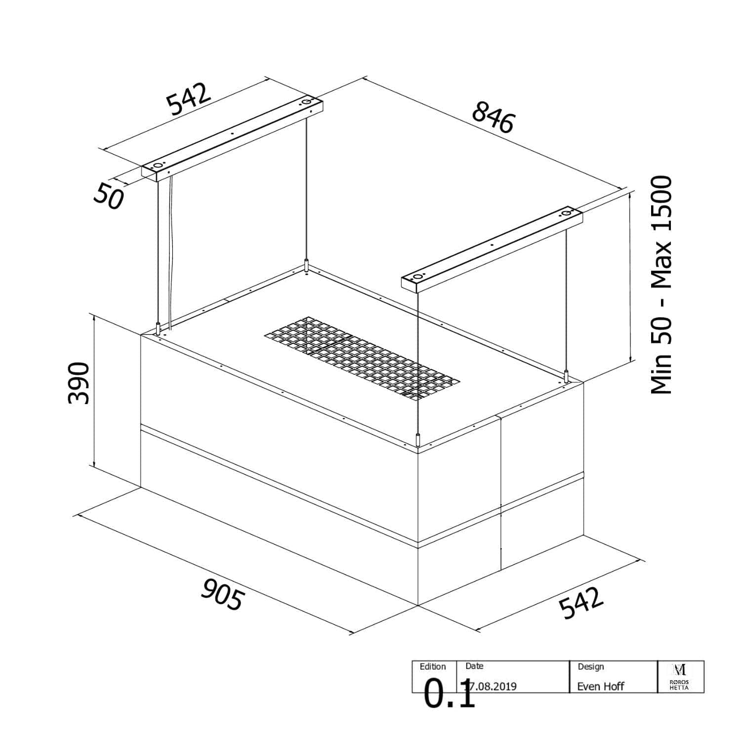 Røroshetta Stripe Fritthengende Ventilator 90cm Børstet stål / 90cm / Resirkulasjon RørosHetta Kjøkkenvifte RO-209500