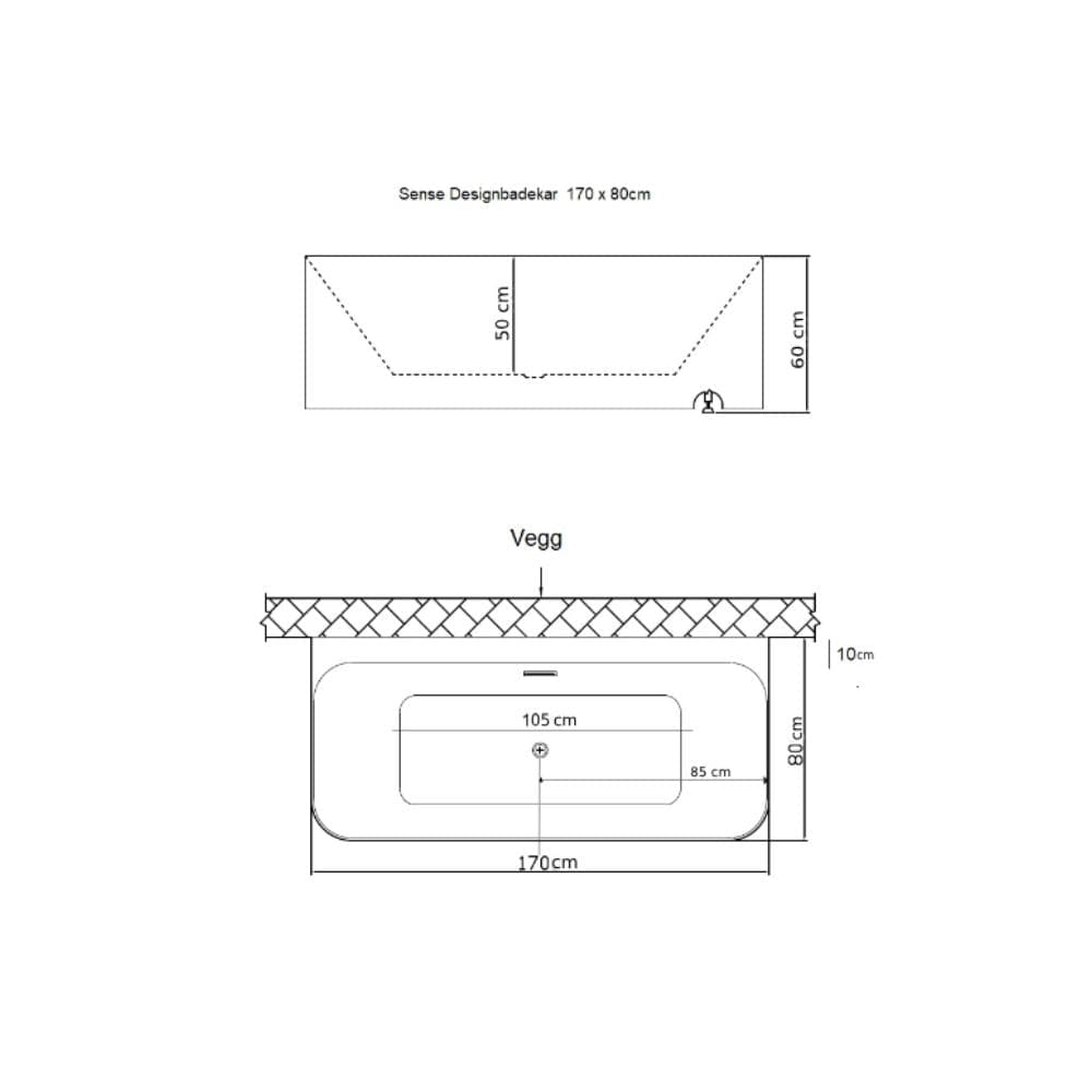 Sanipro Badekar Sense Back-to-wall 170 Hvit / 170cm Sanipro Frittstående badekar SA-10099