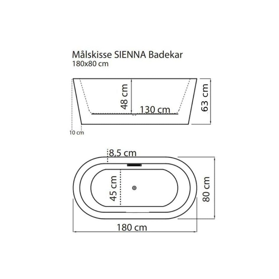 Sanipro SIENNA Frittstående badekar 180 Hvit / 180cm Sanipro Frittstående badekar SA-2043