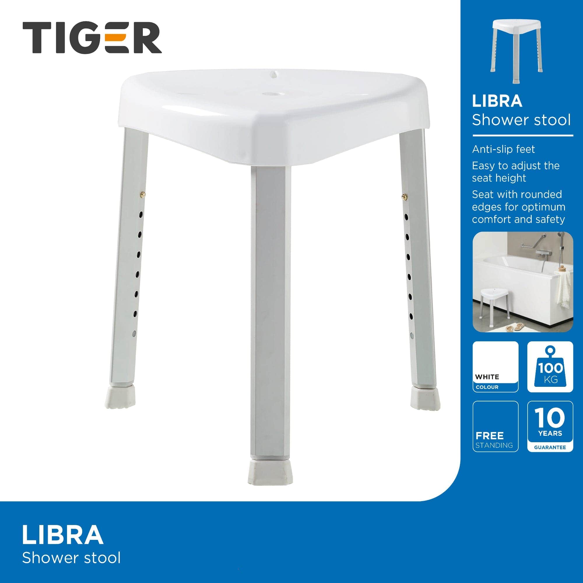 Tiger Libra dusjkrakk med justerbar høyde Hvit Tiger Baderomskrakk CO-T223001