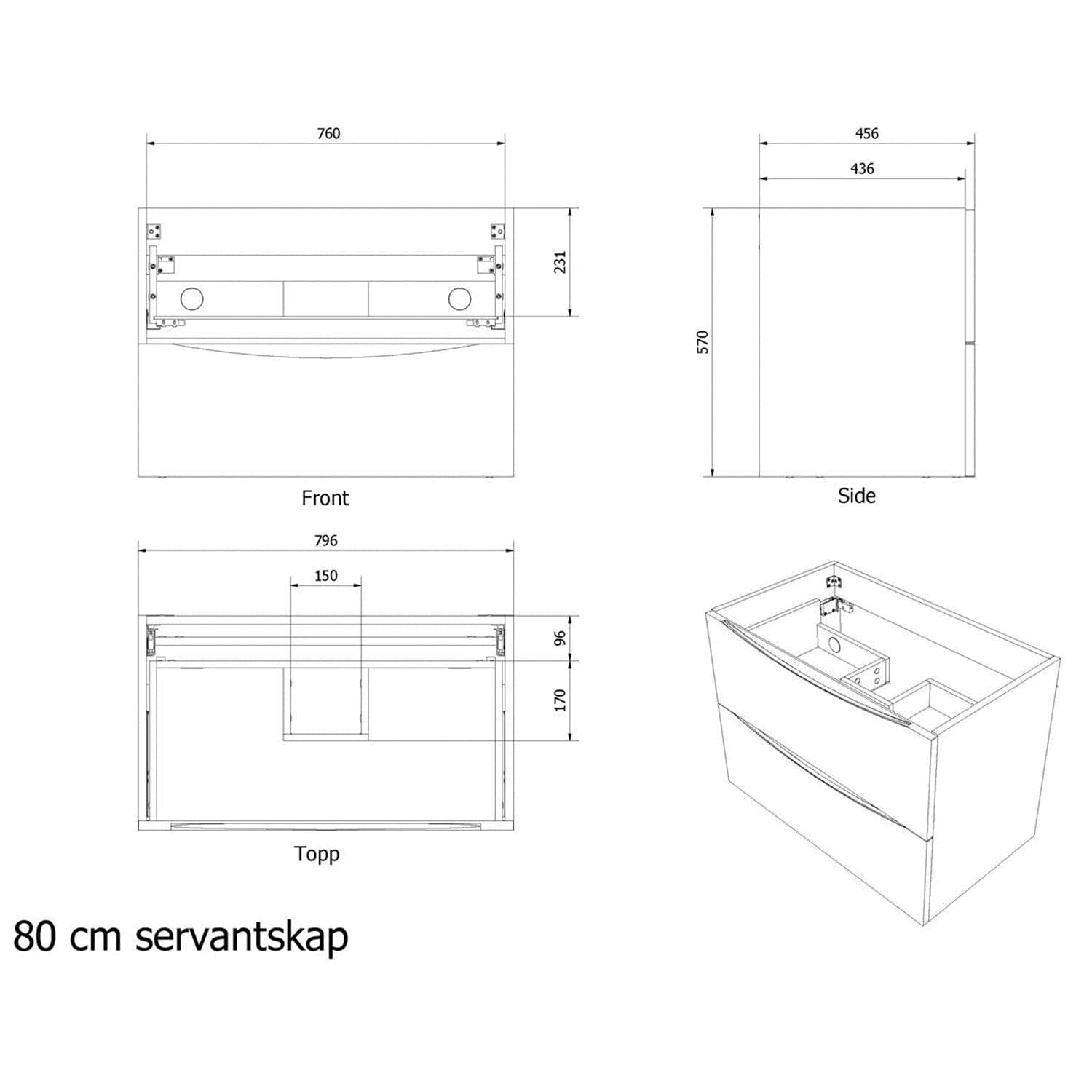 VikingBad ELI Servantskap Hvit Matt - Mål: B(60-120cm)xH57xD46 cm VikingBad Servantskap