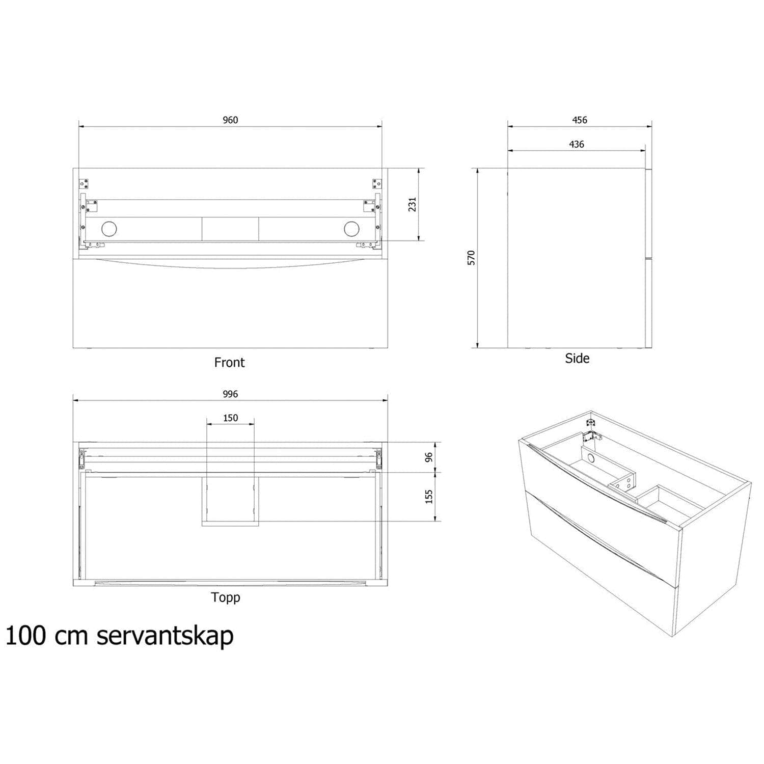 VikingBad ELI Servantskap Hvit Matt - Mål: B(60-120cm)xH57xD46 cm VikingBad Servantskap