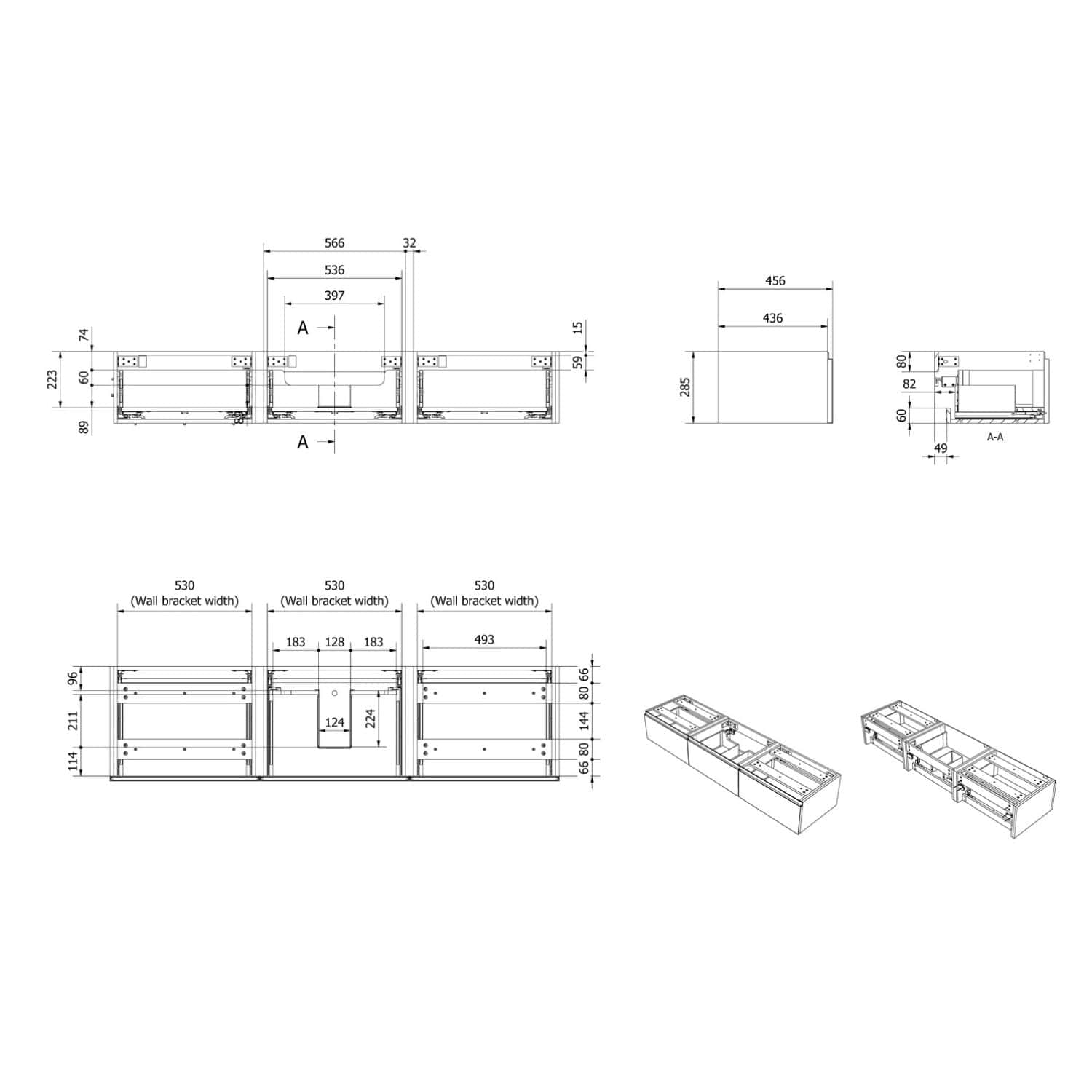 VikingBad MIE DEMI Slett Servantskap Mål: B(60-180)xH46xD29 cm (3x60) VikingBad Servantskap