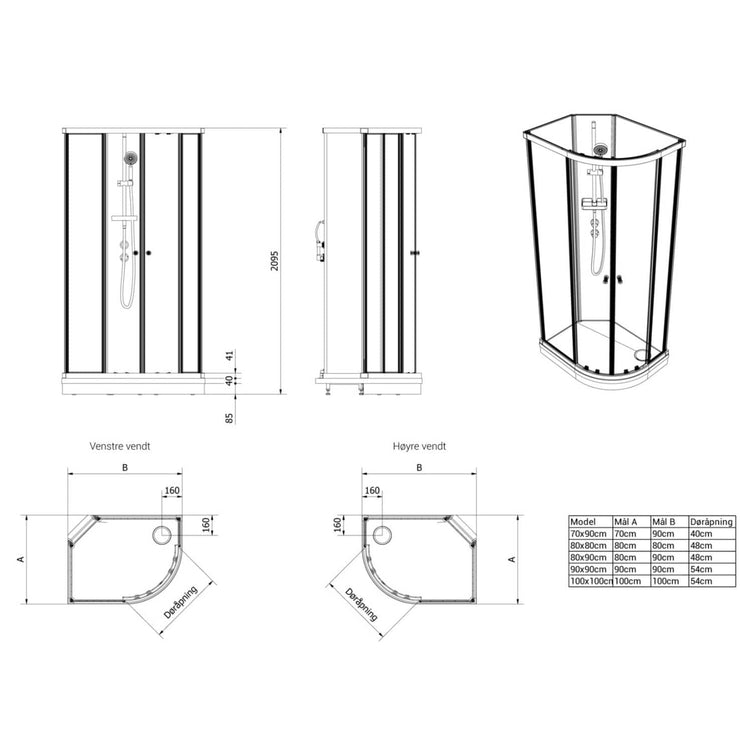 Vikingbad Sofia Dusjkabinett Buet H210cm, Klare Bakvegger
