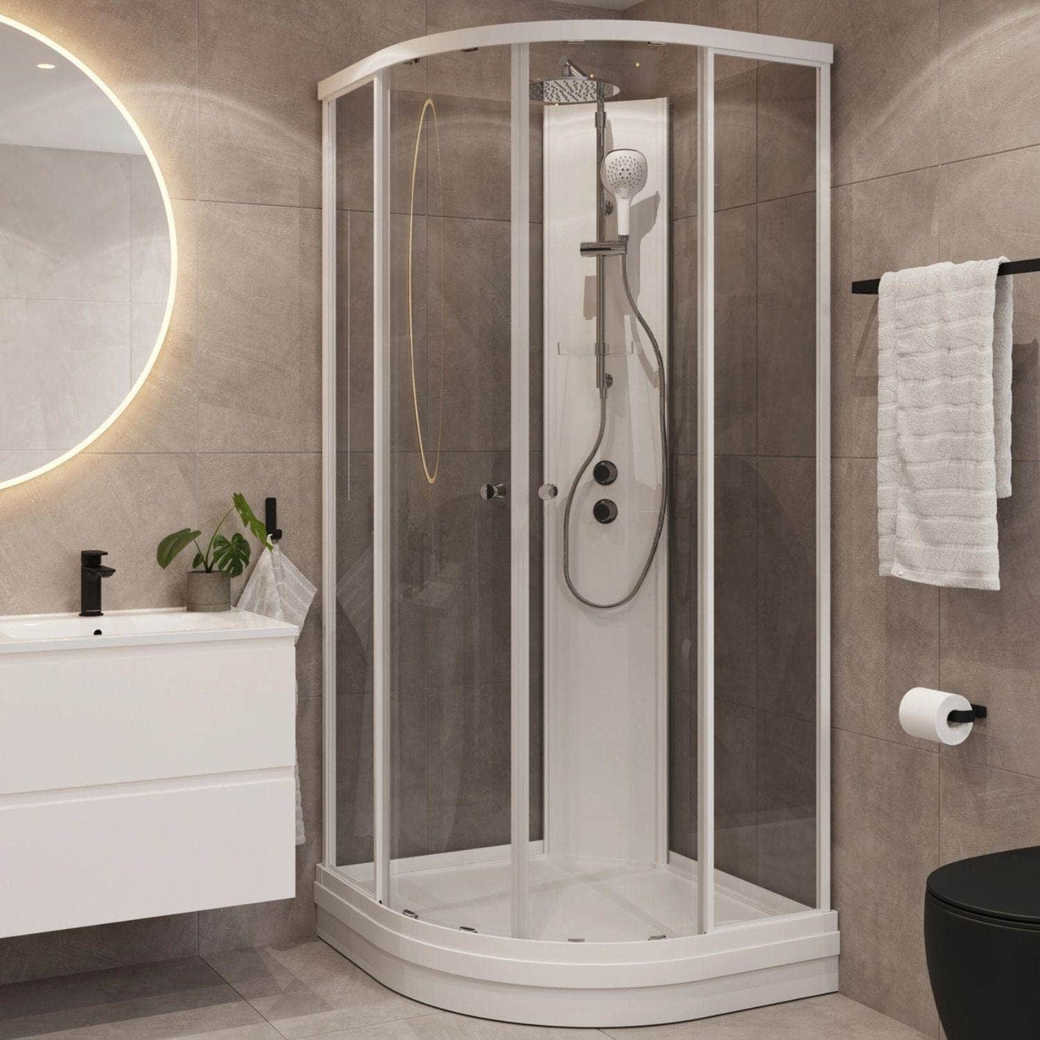 VikingBad Sofia Dusjkabinett Buet Pluss H210cm, Støpemarmor Bunnkar VikingBad Dusjkabinett