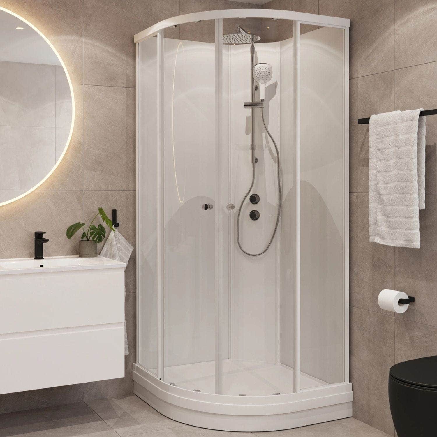 VikingBad Sofia Dusjkabinett Buet Pluss H210cm, Støpemarmor Bunnkar VikingBad Dusjkabinett