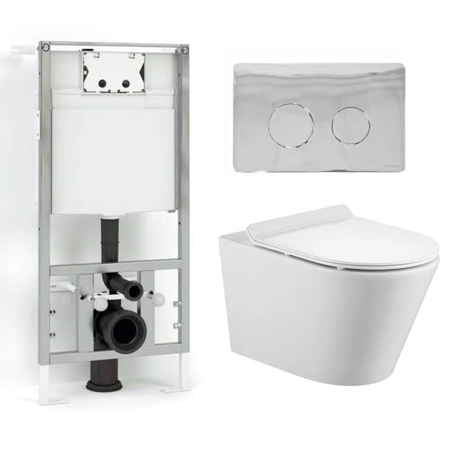 Bathco Sintra Antibakteriell Toalettpakke: veggskål, soft-close sete og sisterne Krom Bathco Toalettpakker BUN-4551KR