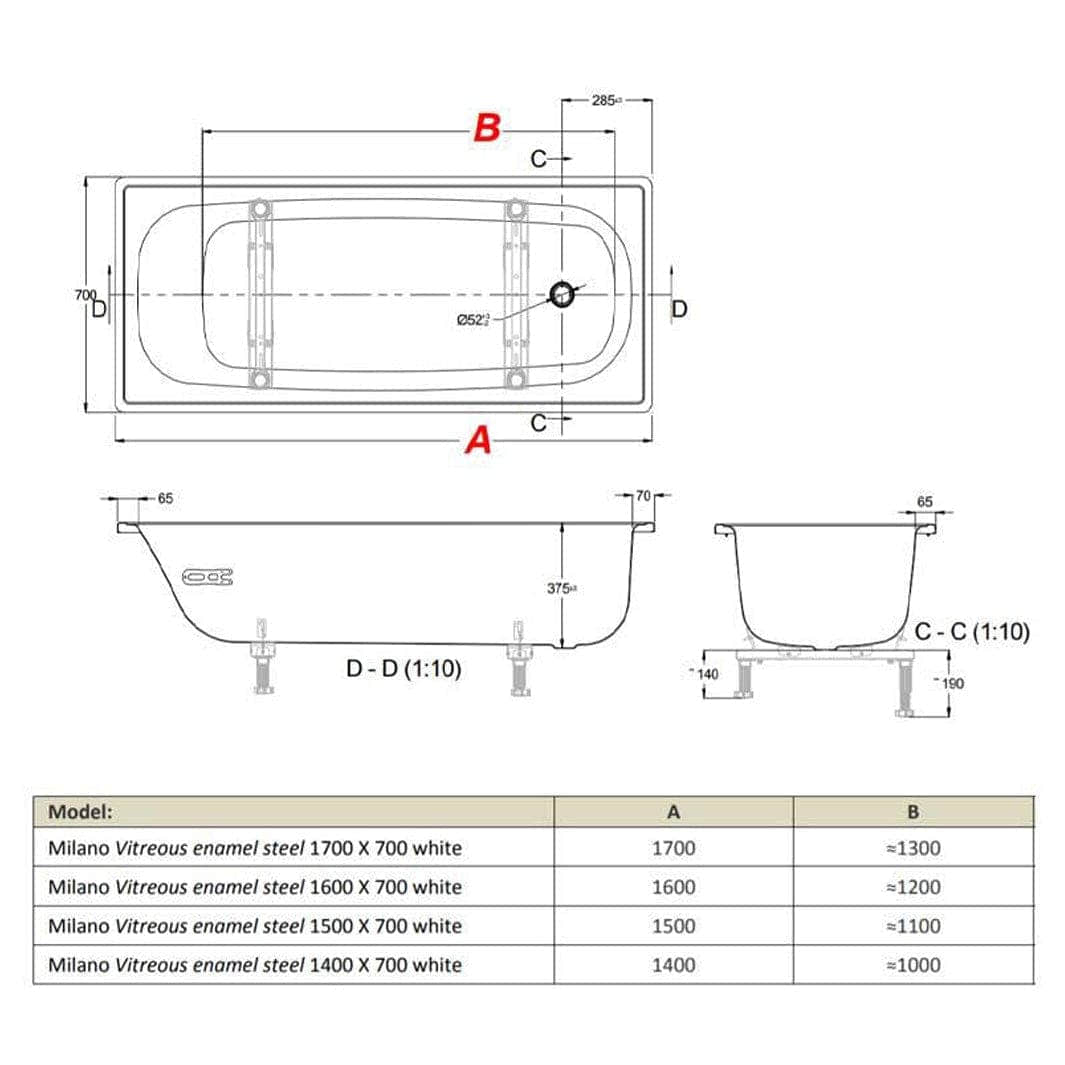 Laufen Milano Badekar Emaljert Stål - L140-170cm Laufen Firkantet badekar