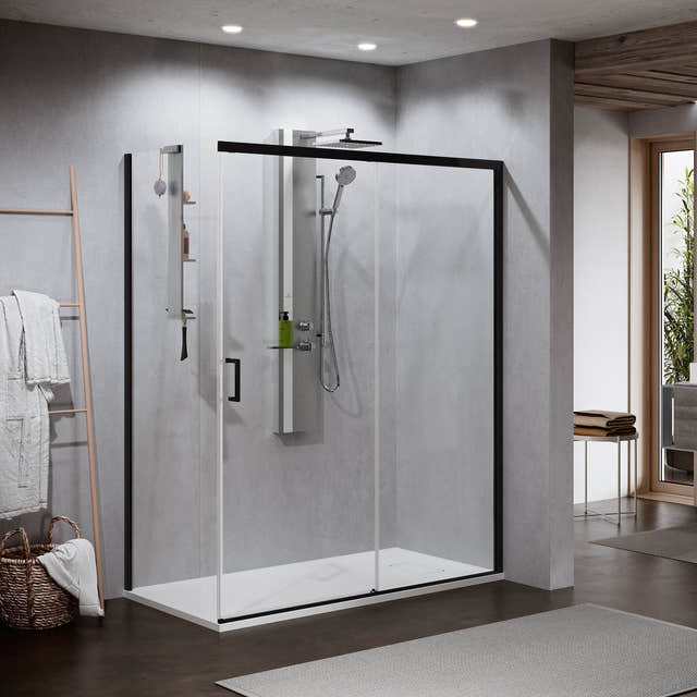 Novellini Zephyros 2.0 PH Skyvedør 120-160cm Svart matt / 120cm høyre / Klart glass Novellini Dusjdør KO-621504120H